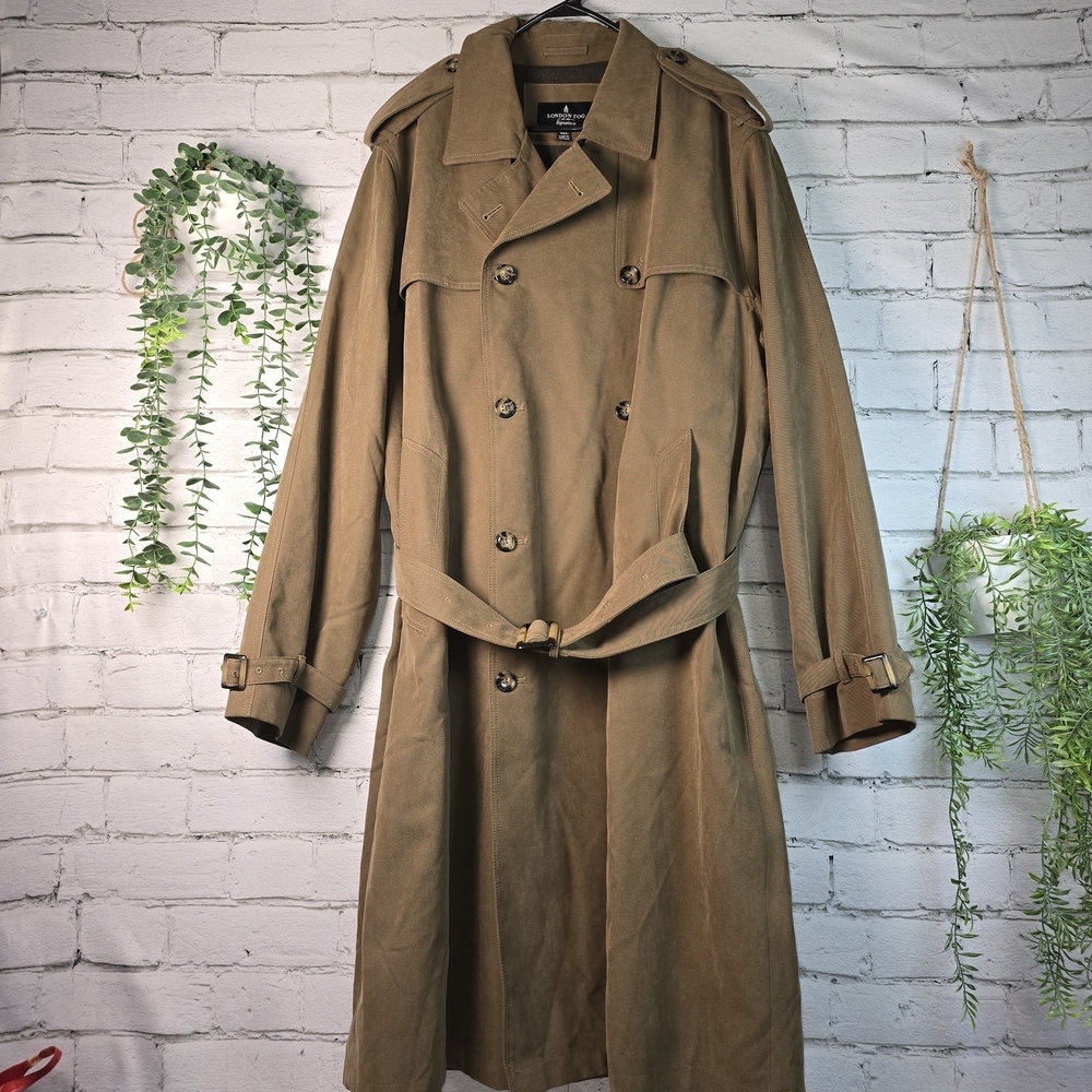 LONDON FOG SIGNATURE DOUBLE BREASTED TRENCH COAT BROWN MENS SIZE 46L EUC